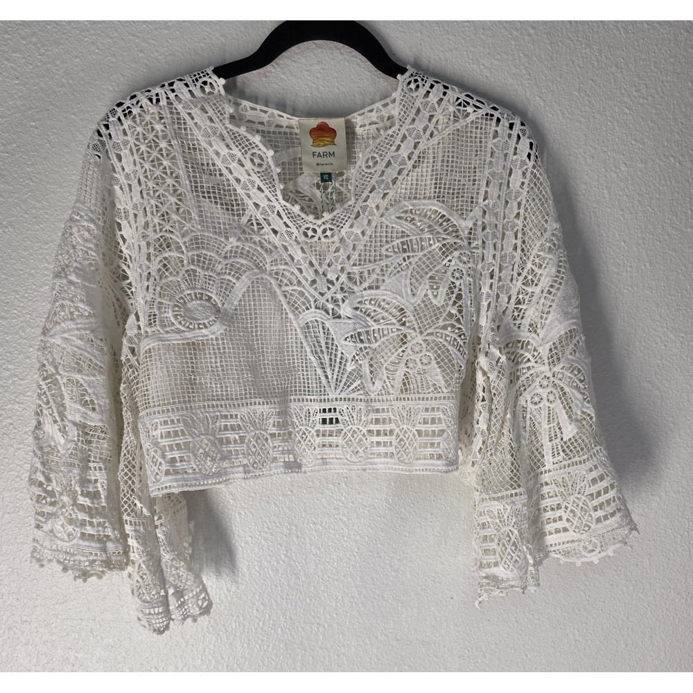 FARM RIO Crop Top XS White Lace V-Neck 3/4 Sleeve Top Boho Chic Lined Romantic